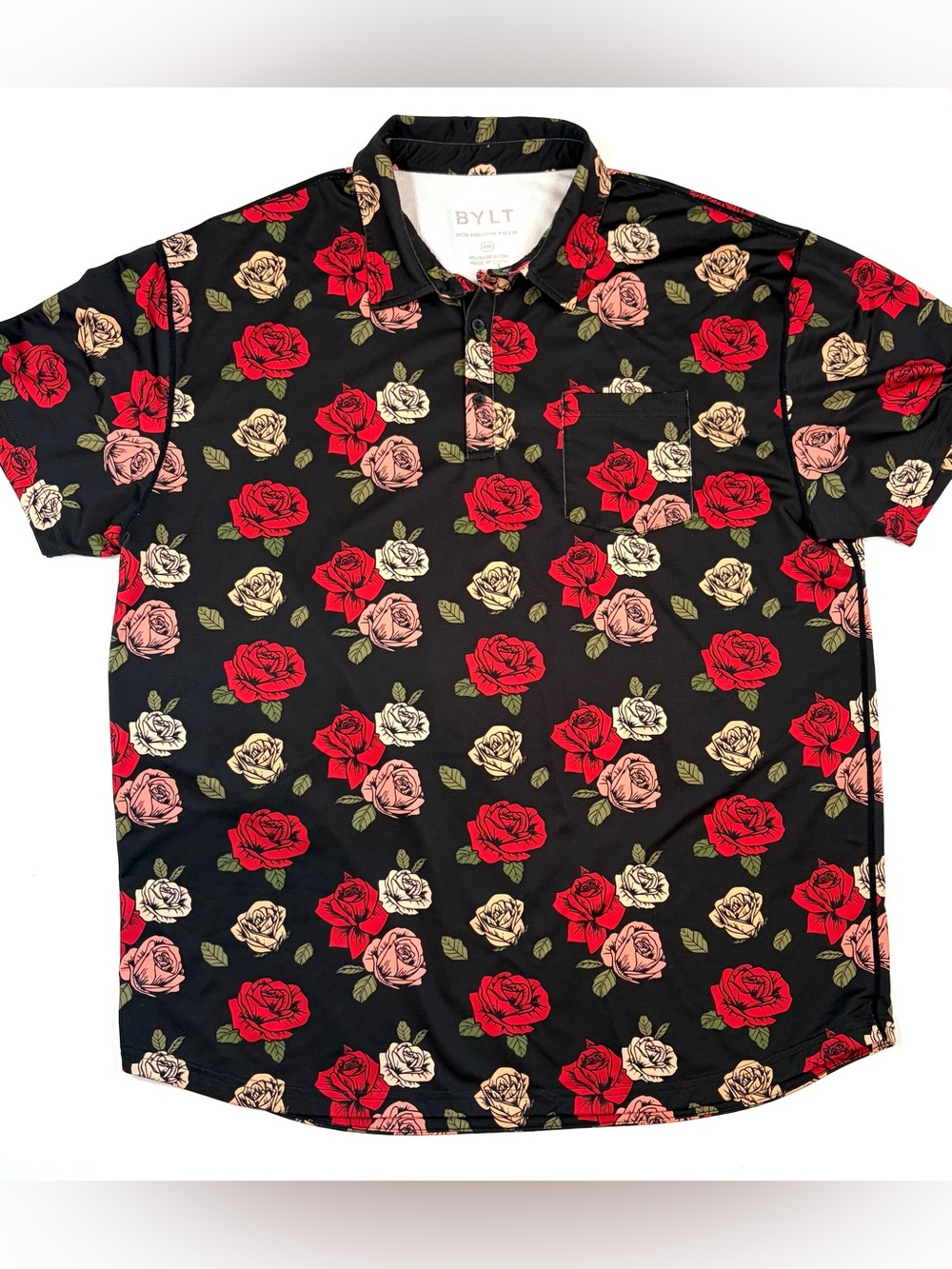 BYLT Black Floral Polo Mens 2XL Red Rose Stretch Casual Golf Resort Shirt
